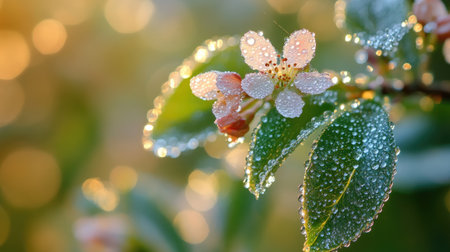 A captivating close-up of delicate flower petals adorned with dew droplets, showcasing nature's beauty in soft morning light. The vibrant greenery adds a fresh touch.の素材