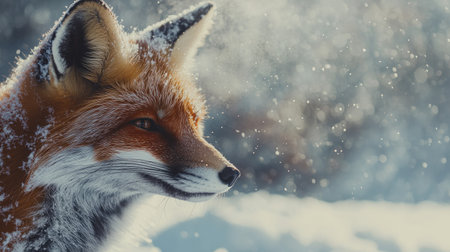 A striking portrait of a red fox in a serene winter setting, showcasing its vibrant fur and captivating gaze amidst gently falling snowflakes.の素材