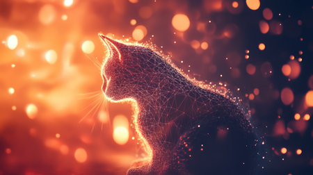 This mesmerizing digital art piece features a cat silhouette set against a vibrant, colorful bokeh background, creating an enchanting atmosphere filled with sparkling lights.の素材