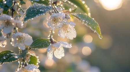 A stunning close-up of delicate white flowers adorned with morning dew, illuminated by soft sunlight, creating a serene and tranquil scene in nature.の素材