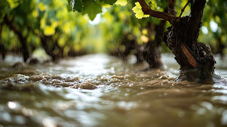 A serene vineyard scene featuring grapevines partially submerged in floodwater. The focus captures the beauty of nature's elements during a wet season, showcasing growth and resilience.の素材