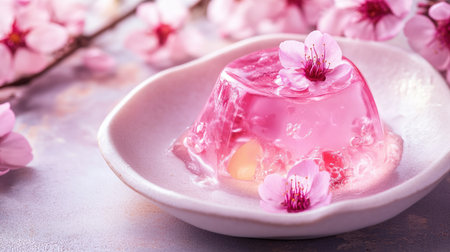 A charming pink jelly dessert garnished with cherry blossoms on a delicate plate. Perfect for spring-themed events, this visually stunning treat combines elegance and flavor.の素材