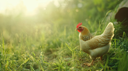 A beautiful chicken roams freely in a lush green field, enjoying the soft morning light. The serene scene captures the essence of rural life and nature's beauty.の素材
