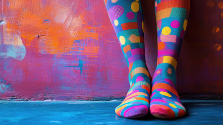 Bright and colorful patterned socks add a playful touch to a vibrant artistic wall. This close-up captures the essence of fun and creativity in fashion.の素材