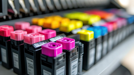 A colorful assortment of ink cartridges arranged neatly in a printing studio, showcasing a blend of vibrant hues and high-quality supplies for artists and professionals.の素材