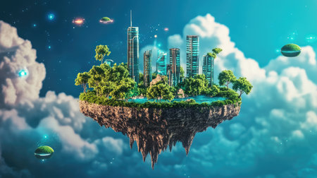 A surreal artwork depicting a floating island featuring a futuristic city surrounded by lush greenery, set against a vibrant sky and dreamy clouds.の素材