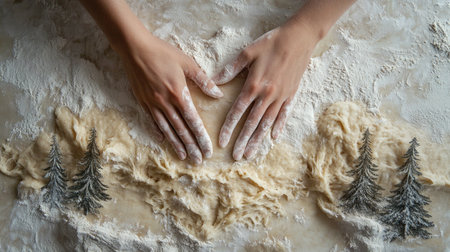 A close view of hands kneading dough on a floury surface, providing a warm and rustic culinary scene enhanced by artistic tree designs, evoking creativity and homeliness.の素材
