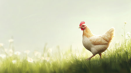 A beautiful chicken walks gracefully through lush green grass, bathed in soft morning light, showcasing the serene charm of rural life in nature.の素材