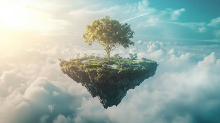 An enchanting floating island featuring a solitary tree amidst a sea of clouds. This surreal landscape evokes a sense of adventure and imaginative beauty.の素材