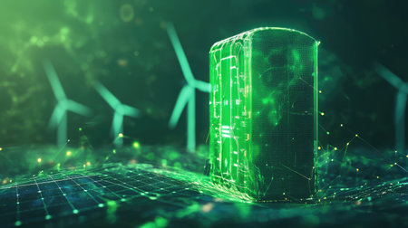 This digital illustration features a glowing storage device surrounded by wind turbines, symbolizing renewable energy and future technology solutions.の素材