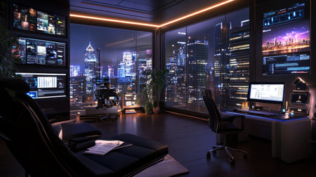 A sleek modern office with high-tech monitors and a stunning night view of the city skyline. The sophisticated furniture creates a relaxing workspace atmosphere.の素材