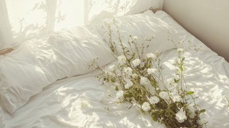 A serene scene featuring soft white bedding adorned with delicate flowers, bathed in soothing natural light, creating a tranquil and inviting atmosphere.の素材