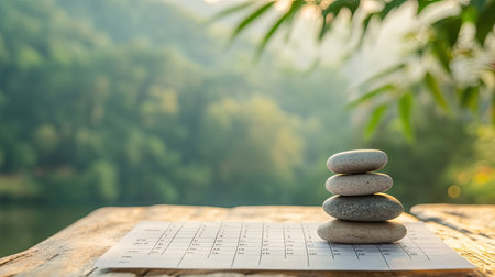 A serene scene featuring stacked stones on a calendar, set against a soothing natural background of soft greenery and a tranquil lake. Perfect for themes of balance and mindfulness.の素材