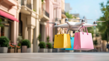 A drone carries vibrant shopping bags through a lively city street, showcasing the intersection of technology and modern retail in an urban environment.の素材