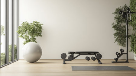 Bright and spacious home gym interior featuring exercise equipment, natural plants, and ample light, creating an inviting and motivating workout environment.の素材