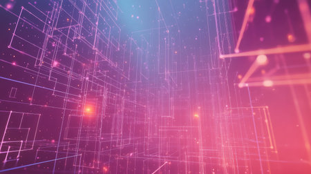 This vibrant image showcases an abstract digital matrix with glowing lines and colors. It represents technology and innovation, perfect for various creative projects.の素材