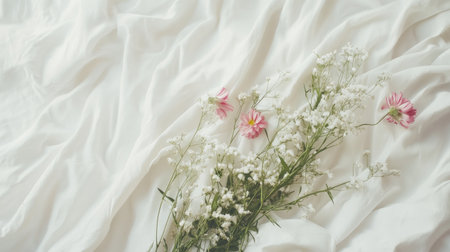 A serene composition featuring delicate pink and white flowers on soft white fabric. Perfect for showcasing beauty, elegance, and tranquility in design projects.の素材