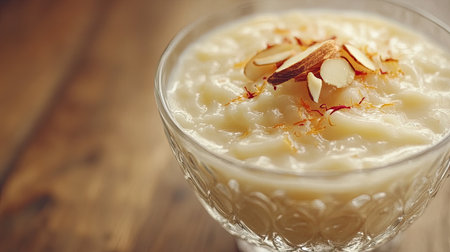 This delicious rice pudding features a creamy texture, topped with almonds and saffron. Perfect for sharing during special occasions or as a rich dessert.の素材
