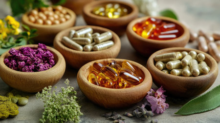 A vibrant display of herbal supplements and natural remedies in wooden bowls, showcasing various capsules and botanical ingredients for health and wellness.の素材