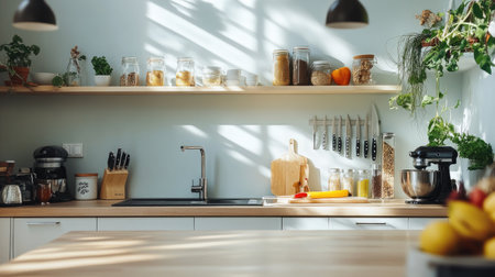 A bright and modern kitchen featuring sunlight casting shadows, organized shelves with jars and plants, showcasing a warm and inviting cooking space ideal for meal preparation.の素材