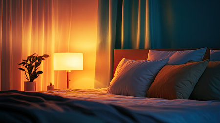 A cozy bedroom setting featuring warm lighting, soft textiles, and a serene atmosphere perfect for relaxation or peaceful sleep. Ideal for home decor themes.の素材