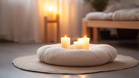 A serene meditation space featuring soft pillows and glowing candles, inviting relaxation and mindfulness. The warm natural light enhances the tranquil atmosphere.の素材