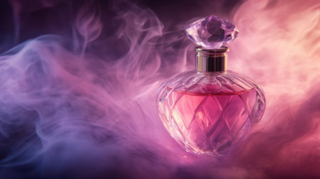 A stunning close-up of an elegant perfume bottle surrounded by colorful smoke. The blend of pink and violet hues creates a romantic and luxurious atmosphere, perfect for beauty and fashion themes.の素材