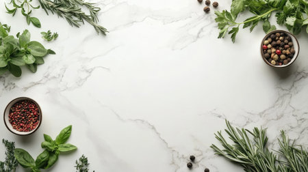 A beautiful arrangement of fresh herbs and spices on a marble background, perfect for cooking enthusiasts. Ideal for culinary art and food preparation visuals.の素材