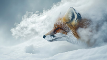 A stunning fox peeks through a mystical snowy fog, showcasing its beautiful fur and keen eyes. This serene winter scene captures the essence of wildlife elegance.の素材