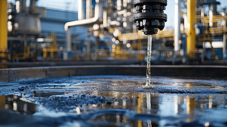 A close-up view of water flowing from an industrial pipe in an oil refinery, showcasing essential engineering and production processes in a modern industrial setting.の素材