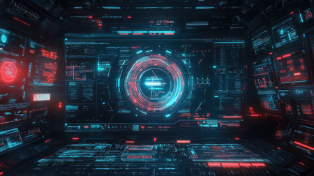 Engaging futuristic digital control interface featuring vibrant neon colors and intricate data displays, ideal for themes of technology and innovation.の素材
