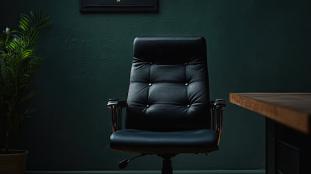 A sleek black office chair positioned in a modern workspace with rich green walls and soft lighting. Ideal for conveying professionalism and comfort in various settings.の素材