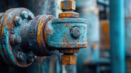 Close-up of a rusty metal valve showcasing intricate details and textures. The blue patina and corrosion effects highlight the wear of industrial machinery.の素材
