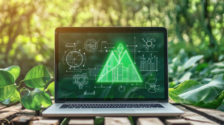 A laptop displays a vibrant green business graph amid lush nature. This image symbolizes the intersection of technology and environmental awareness, showcasing sustainable growth and innovation.の素材