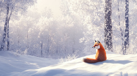 An orange fox sits gracefully in a serene snowy forest, surrounded by frost-covered trees. The tranquil winter landscape offers a peaceful scene of wildlife in nature.の素材