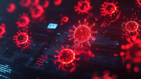 A captivating digital illustration of red virus particles against a dark background, symbolizing infection and technological elements, emphasizing health risks.の素材