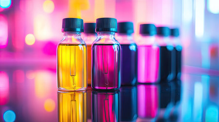 A collection of vibrant colored liquid bottles arranged on a reflective surface against a neon backdrop, creating a modern and artistic ambiance. Perfect for creative projects.の素材