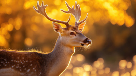 A majestic deer stands gracefully in the soft glow of golden autumn light, showcasing its antlers and serene beauty in a tranquil natural setting.の素材