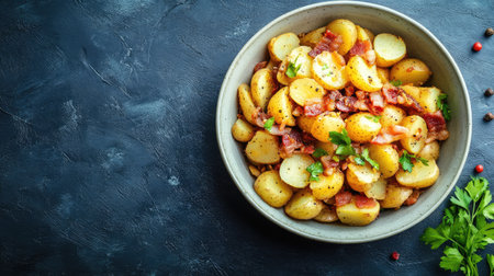 A mouthwatering bowl of golden potatoes sauteed with crispy bacon and garnished with fresh herbs, creating a perfect dish for any meal.の素材