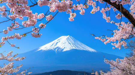 Experience the breathtaking view of snow-capped Mount Fuji framed by lovely cherry blossoms under a clear blue sky; a perfect representation of spring beauty in Japan.の素材