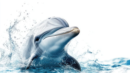 A cheerful dolphin rises above the surface of the ocean, creating beautiful splashes as water glimmers in sunlight. This scene captures the essence of marine life.の素材