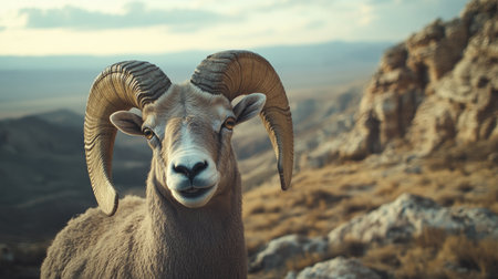 This stunning image captures a majestic Rocky Mountain sheep with impressive horns in a tranquil landscape, showcasing the beauty of wildlife and nature.の素材