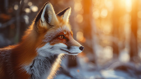 A stunning portrait of a red fox basking in golden hour light amidst a serene forest backdrop, showcasing the intricate details of its fur and expressive eyes.の素材