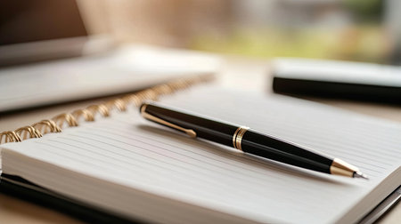 An elegant black pen rests on an open notebook with blank pages, perfect for jotting down ideas or notes. The serene green background enhances the ambiance.の素材
