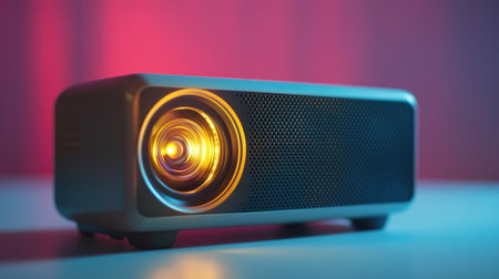 A sleek modern projector rests on a table, featuring a glowing lens and vibrant lighting. Ideal for showcasing technology and design in cinematic settings.の素材
