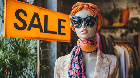 A stylish mannequin adorned with sunglasses and a vibrant scarf stands near a sale sign in a boutique, inviting shoppers to explore unique fashion selections.の素材