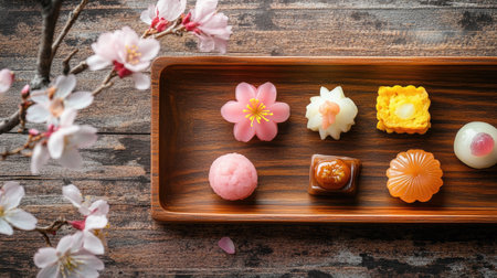 A beautiful assortment of traditional Asian sweets presented on a wooden tray, enhanced by delicate cherry blossoms, showcasing vibrant colors and artistic design.の素材