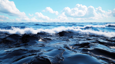 A captivating view of ocean waves rolling gently under a clear blue sky, adorned with fluffy clouds, ideal for projects related to nature and relaxation.の素材
