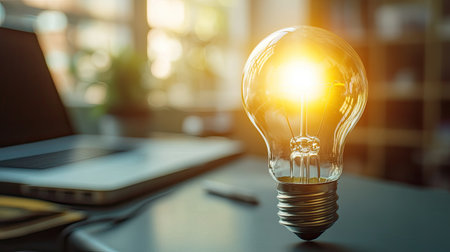 A glowing light bulb sits prominently in a modern office setting, symbolizing creativity and innovative ideas in a professional workspace filled with inspiration.の素材