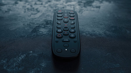 A sleek black remote control resting on a dark surface, showcasing its buttons and contours. Ideal for technology and home entertainment themes.の素材